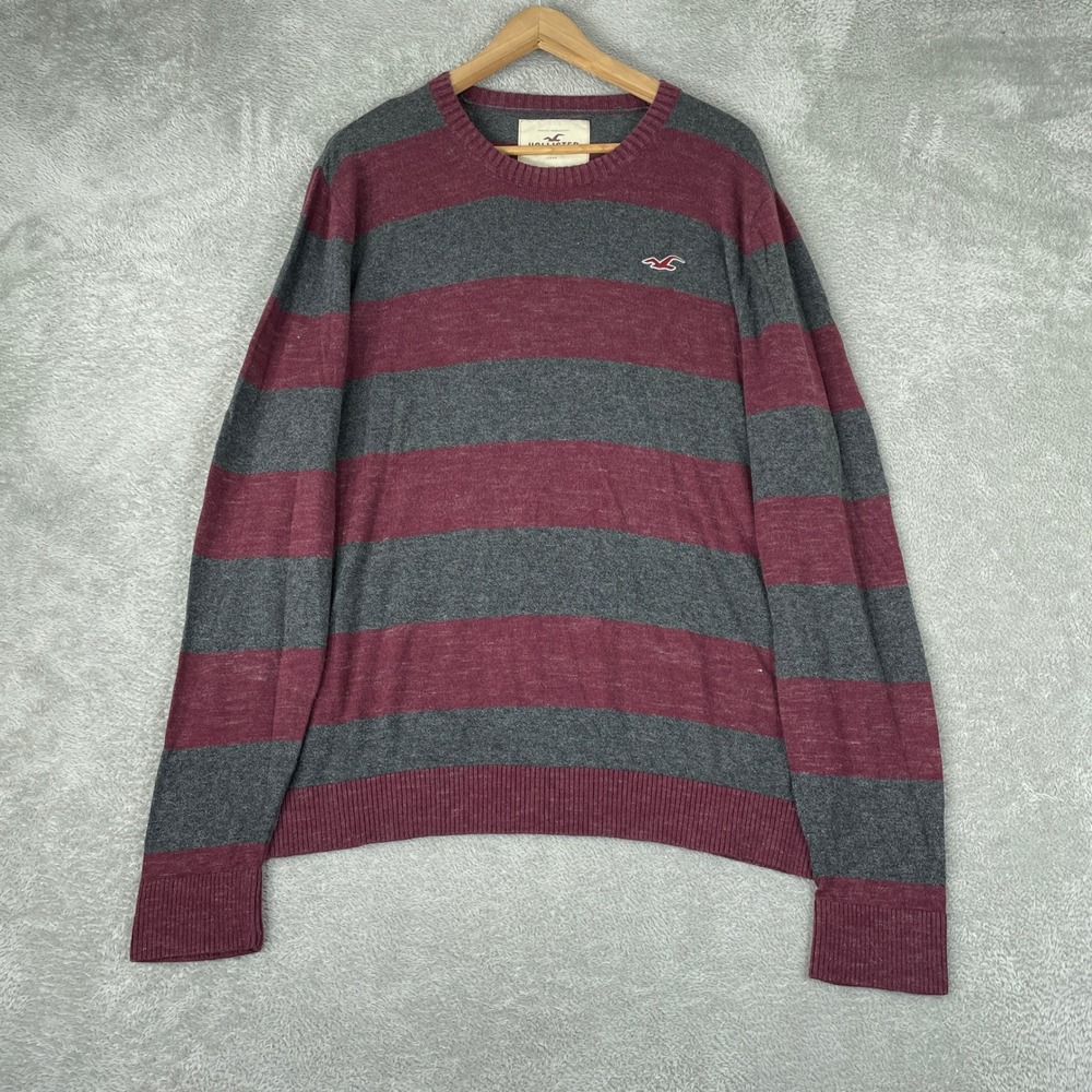 Hollister Sweater Mens XL Burgundy Gray Striped Knit Embroidered Preppy Y2K